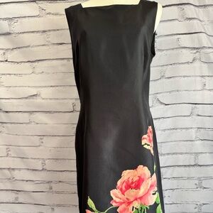 Talbots Black Floral Silk Blend Sheath Dress Size 12 Rose Print Sleeveless